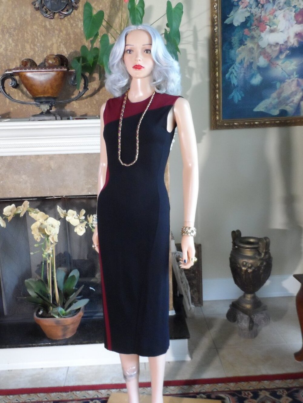 Stella McCartney Black & Burgundy Colorblock Midi Sheath Dress IT 40 US 4